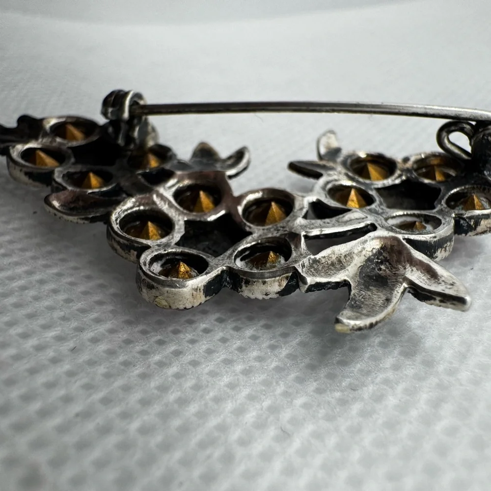 Vintage Pink Crystal Flower‎ Brooch Sterling Silver 925 Marcasite Pin 1950’s